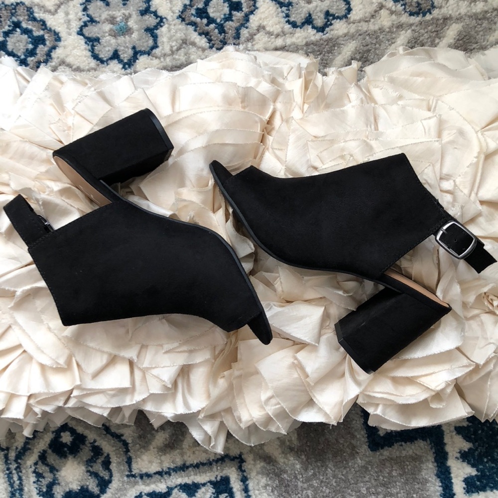 Black Suede Block Heel & Open Toe Bootie - NEW